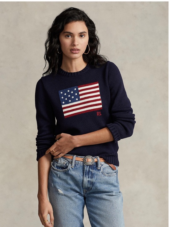 Ralph Lauren Sweaters - Ralph Lauren Navy Cotton Crewneck Sweater with American Flag